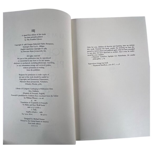 1988 Foucaults Pendulum by Umberto Eco First Trade Edition Hardcover Dust Jacket - Picture 6 of 12